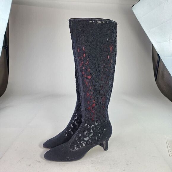 Yves Saint Laurent Womens Applique Lace Back Zip Tall Boot US 10 Black Heel Boot - Picture 4 of 14